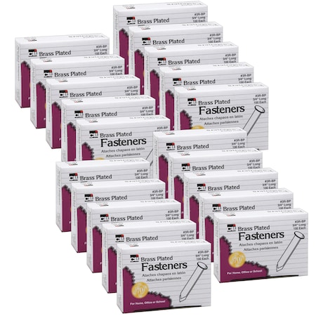 Charles Leonard Brass Plated Paper Fasteners, 0.75", 100 Per Box, PK20 3RBP